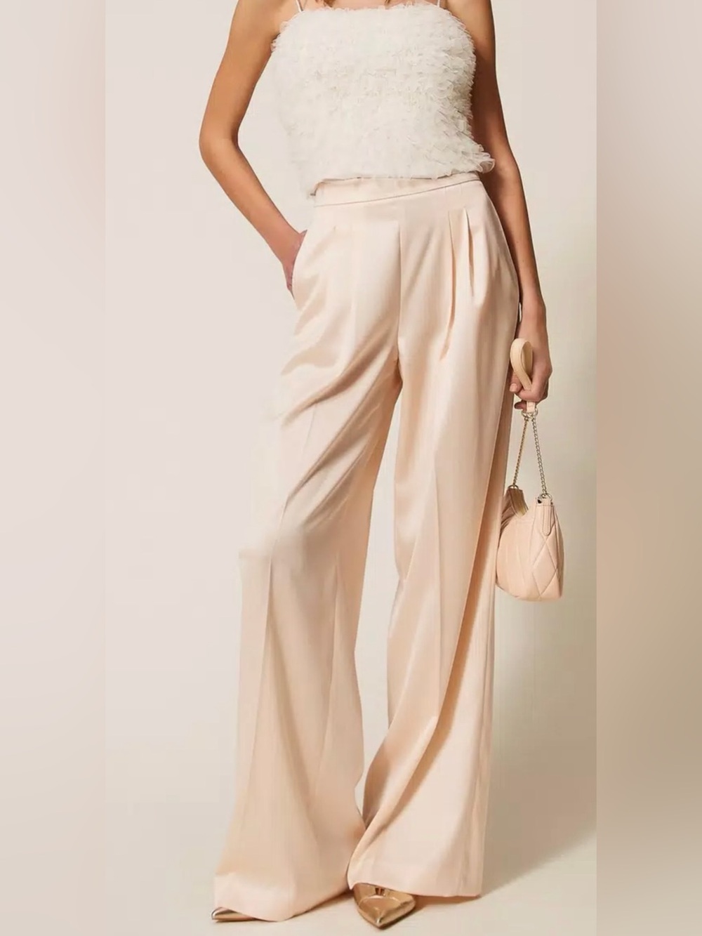Anthropologie Champagne Silk Look Wide Leg Pants XS Pleated Palazzo Trousers